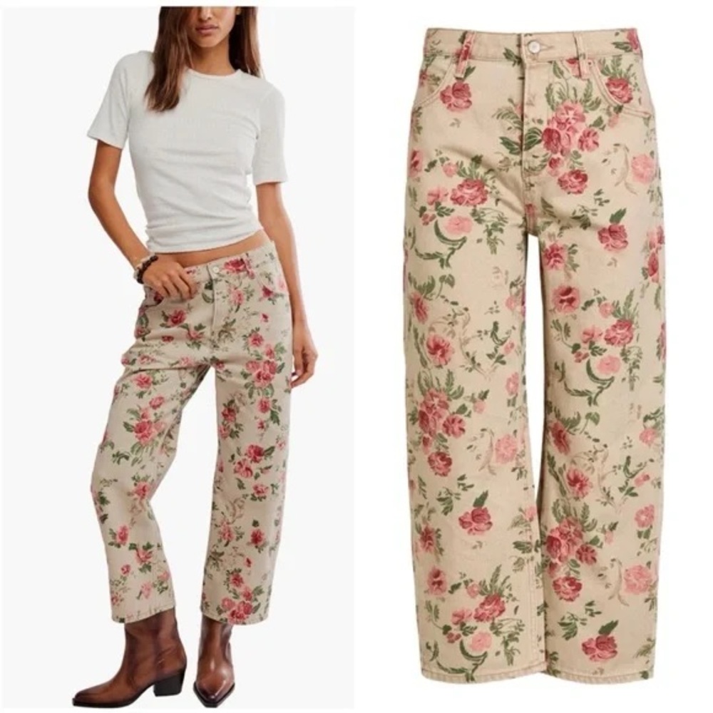 🌼🌸🌼 FREE PEOPLE Deep Trance Barrel-Leg Jeans In Floral Print size 30